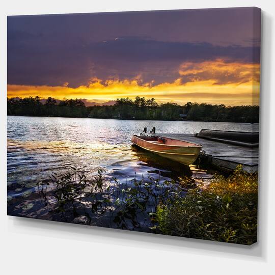 Designart - Boat Docked in Lake at Sunset